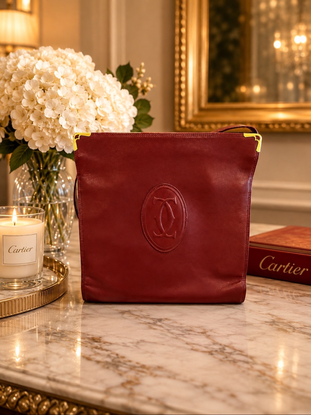 Cartier Deep Burgundy Leather Shoulder Bag with Gold Corner Detail